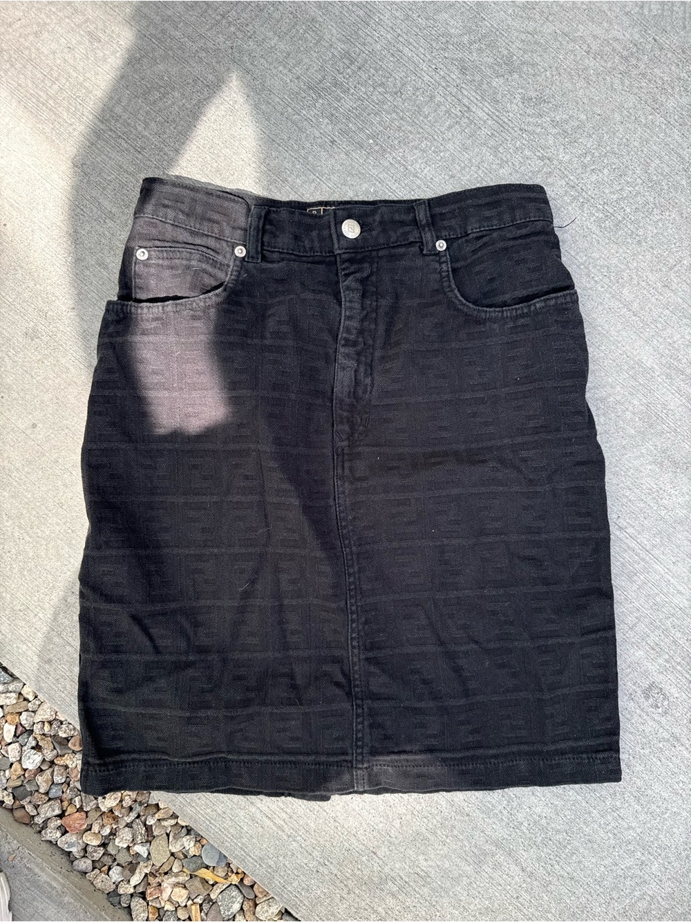 Fendi Black Logo-Embossed Denim Pencil Skirt
